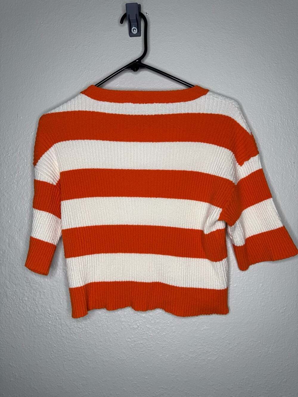 MNG Orange and White Striped Ribbed Knit Short Sleeve Sweater